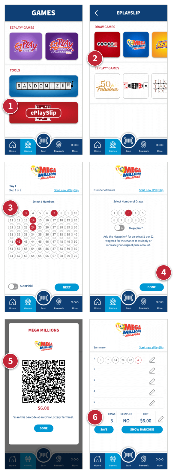 A grid of app screenshots demonstrating the ePlaySlip sequence A grid of app screenshots demonstrating the ePlaySlip sequence