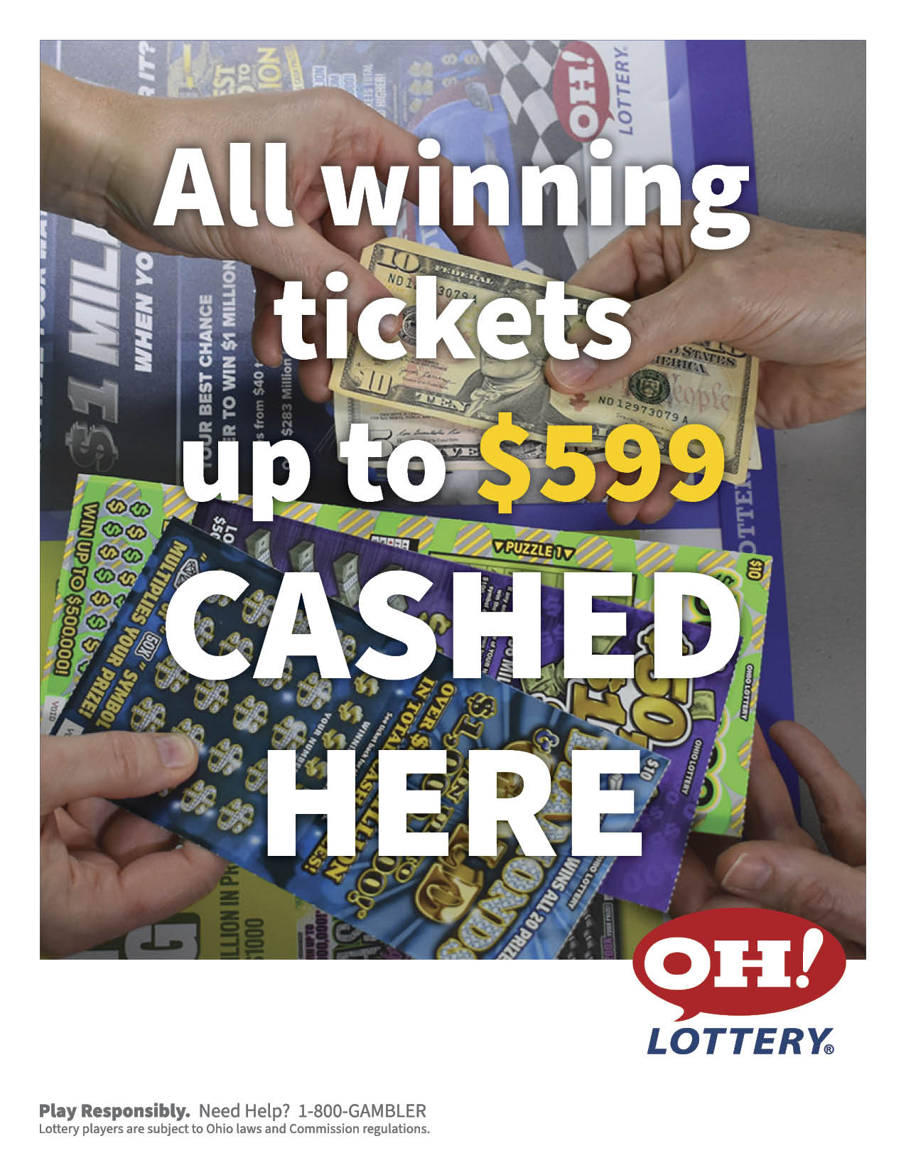 Tickets Cashed Here up to 599 flyer with background graphic