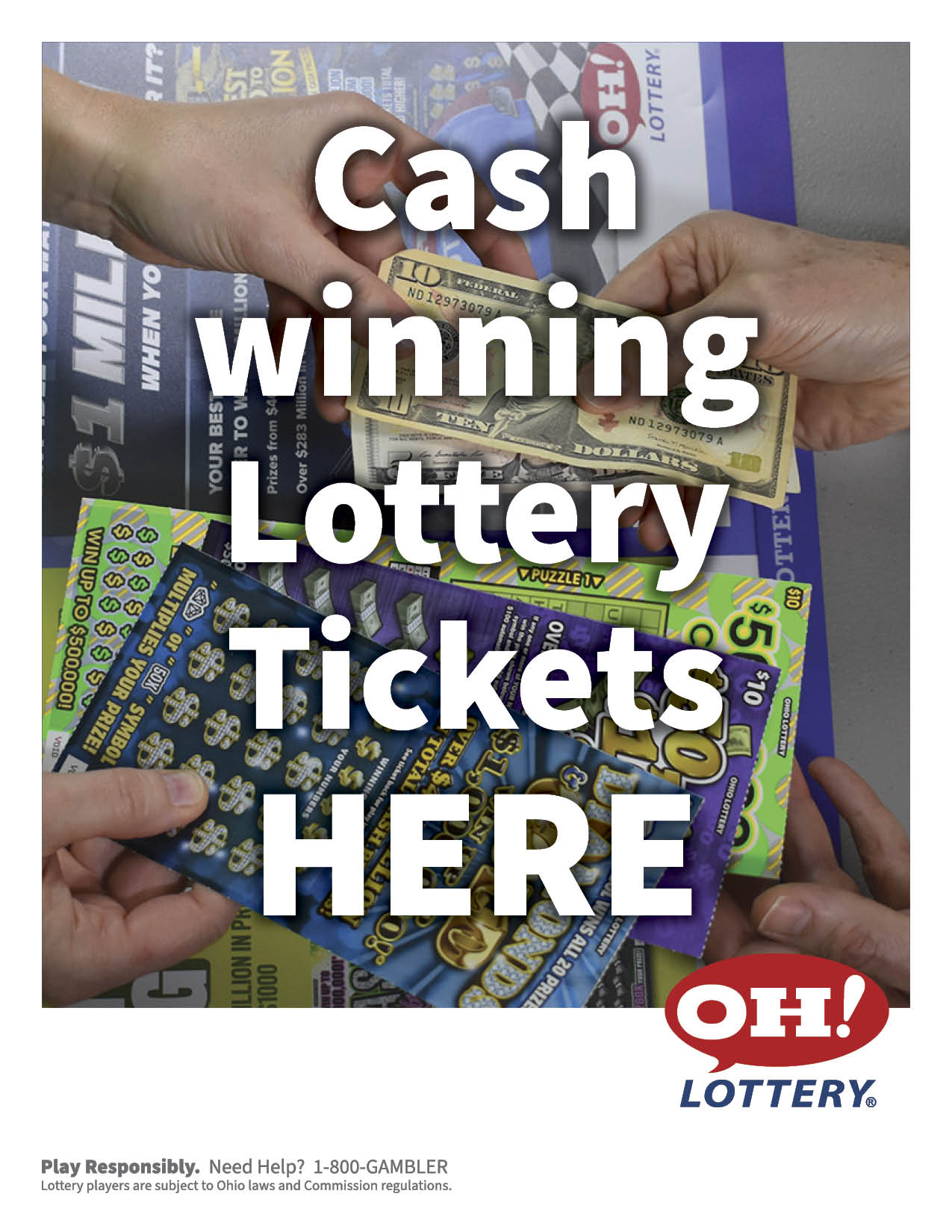 Cash lottery tickets here flyer with background graphic